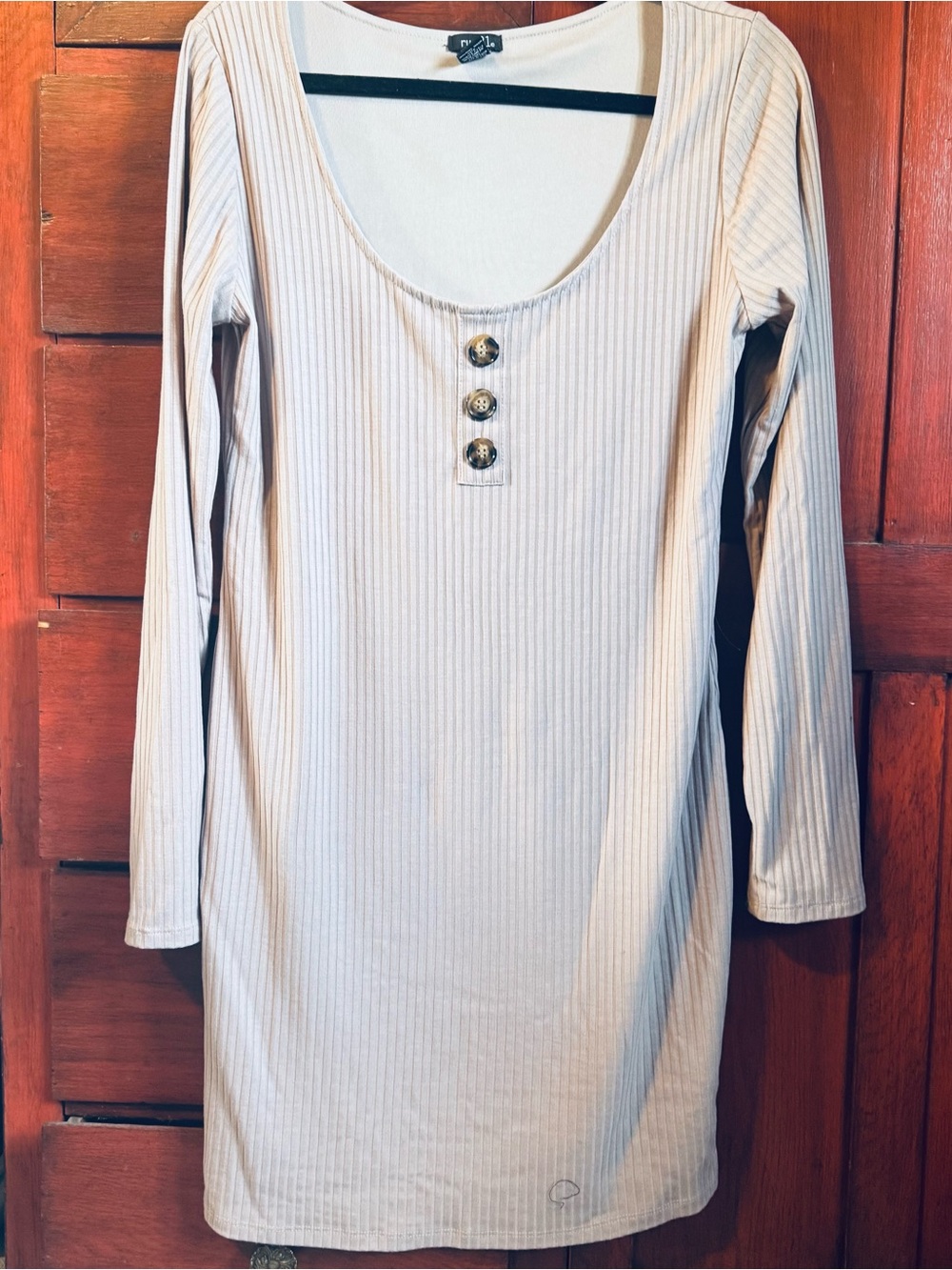 Rue21 Cream Ribbed Long Sleeve Scoop Neck Dress with Button Placket
